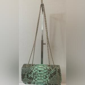 Silvano Biagini turquoise snakeskin bag with Swarovski crystals .Silver chain